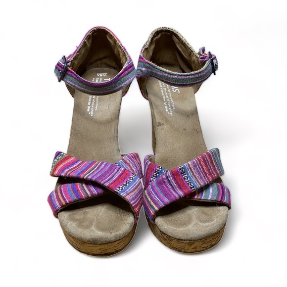TOMS Colorful Siena Strap Sandals Wedge Cork Heels Size 8.5 Women’s Beachy Boho - Picture 2 of 9